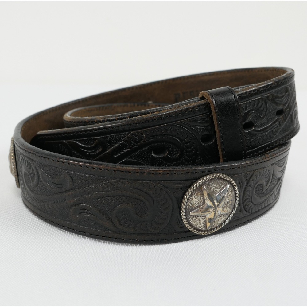 Resistol Mens 38 Tooled Leather Star Concho Western Belt RI200603 Dark Brown USA